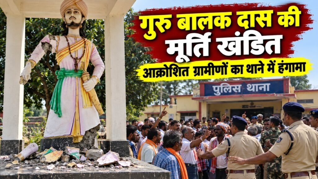 CG News : गुरु बालक दास की मूर्ति खंडित किए जाने पर भड़का आक्रोश, सैकड़ों ग्रामीणों ने थाने में किया हंगामा’ दोषियों पर कार्रवाई की मांग