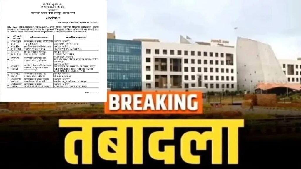 CG Transfer News : दिवाली से पहले छत्तीसगढ़ में फिर चली तबादला एक्सप्रेस, जल संसाधन विभाग के 12 बड़े अधिकारियों का ट्रांसफर