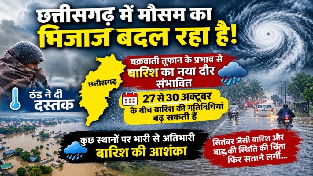 CG Weather Today: छत्तीसगढ़ में ठंड के बीच होगी झमाझम बारिश! 27 से 30 अक्टूबर तक साइक्लोन का असर, रायपुर समेत कई जिलों में अलर्ट जैसे हालात