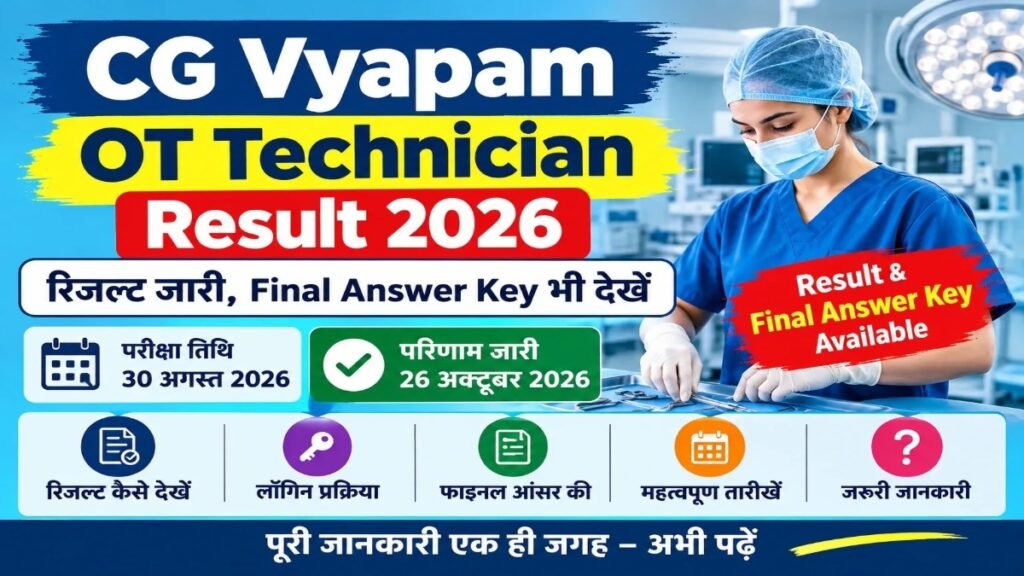 CG OT Technician Result 2026 : छत्तीसगढ़ ओटी टेक्नीशियन भर्ती परीक्षा का रिजल्ट जारी, ऐसे चेक करें अपना परिणाम